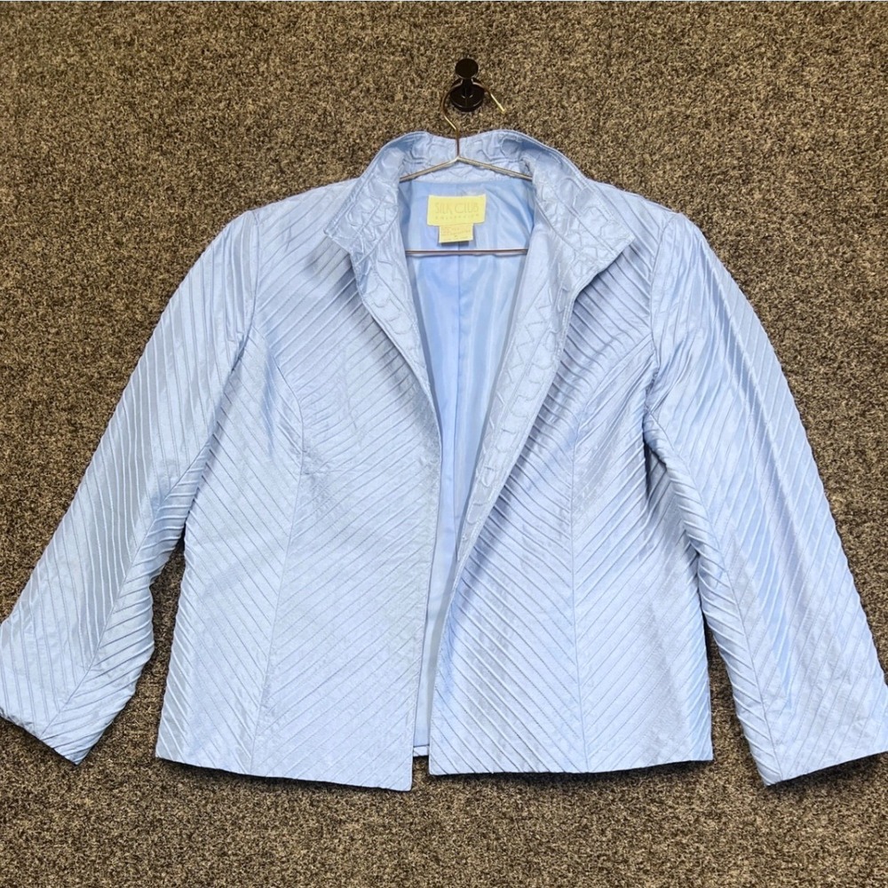 Vintage Silk Club Collection Blue Chevron Quilted Open Blazer Jacket Size Medium